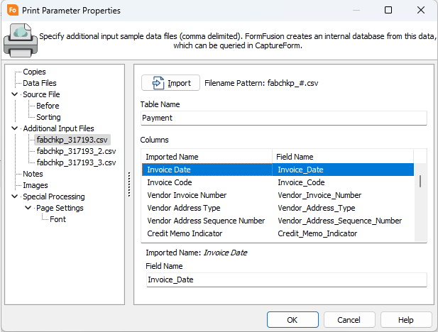 Import .csv files, edit thr Table Name, or rename the Field Name for use as the column name within the table. 